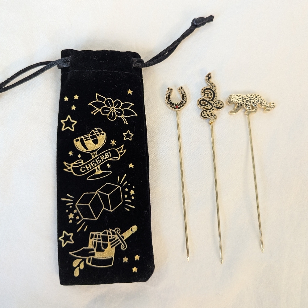 Love & Victory Gold Tone Cocktail Picks - Horseshoe, Snake, Leopard